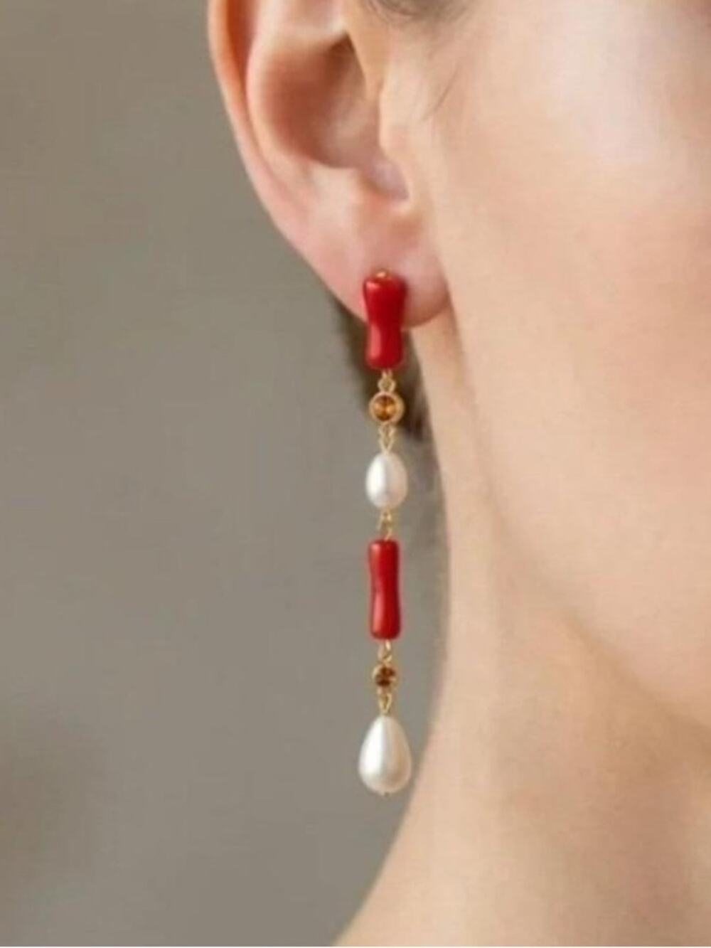 Tuckernuck Red Coral and Pearl Drop Earrings Gold Tone Linear Dangle